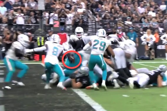 21 Week 3 MIA LV Jevon Hollard knocks ball loose circled before Barber contacts EZ Dolphins recover (3)