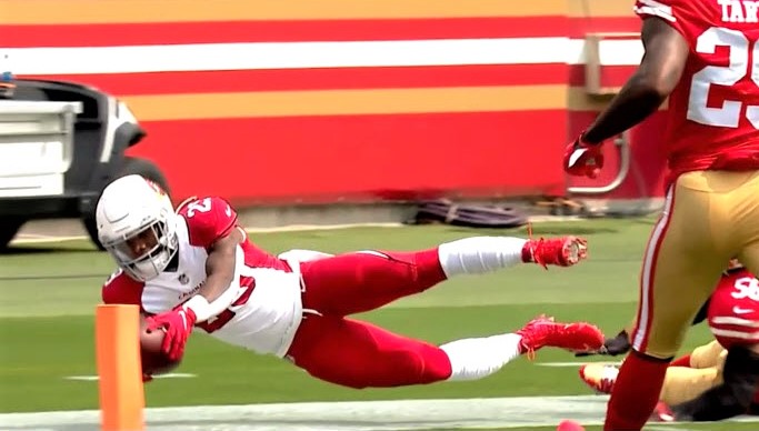 Week 1 SF AZ Chase Edmonds nicks outside of pylon for no touch TD (2)